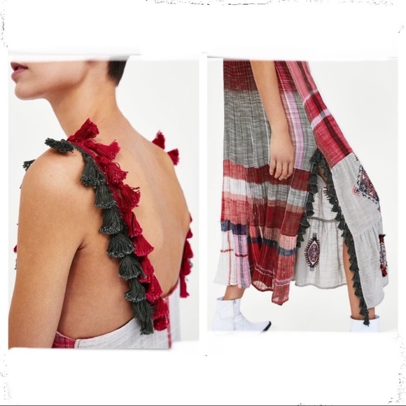 Zara embroidered boho maxi dress with tassels - Picture 2 of 8